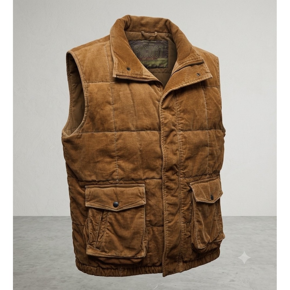 Polo Jeans Co Vintage Men's Brown Quilted Corduroy Zip & Snap Up Vest. Size XL